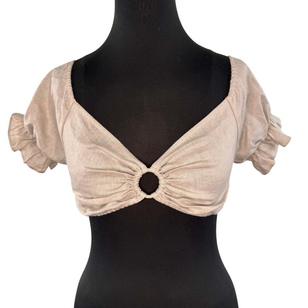 MONDAY Beige Crop Top Linen O-Ring Sweetheart Smocked Puff Sleeve Size Small S
